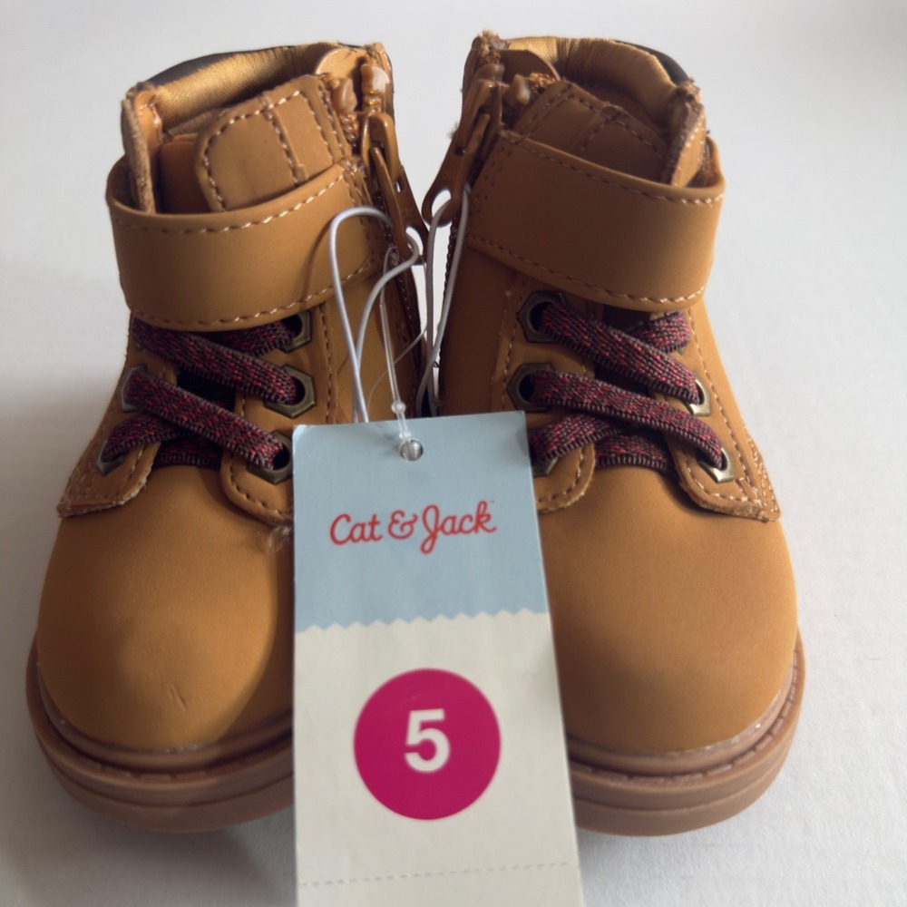 Cat & Jack Toddler Boots Size 5 Tan Brown Lace Up Side Zip Ankle Boots NWT